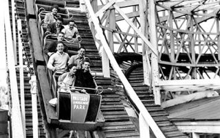 Riding the Cyclone at Palisades Amusement Park. The park closed in 1971, replaced by condo towers.