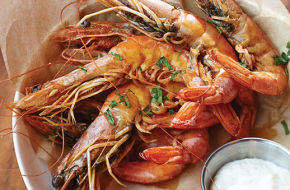 Peel-and-eat shrimp with horseradish remoulade.