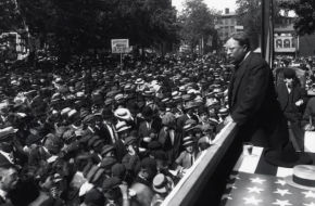 Former President Theodore Roosevelt stumps for the Republican nomination in Monument Square, a few blocks from the Rutgers campus, on May 25, 1912.