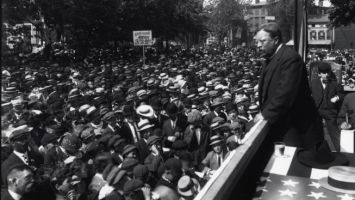 Former President Theodore Roosevelt stumps for the Republican nomination in Monument Square, a few blocks from the Rutgers campus, on May 25, 1912.