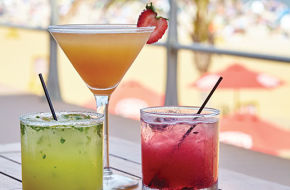 Summer sippers at Avenue include, from left, Pineapple Cilantro Jalapeno Margarita (made with Milagro Tequila); Peach Passion (360 Georgia Peach vodka); and Le Blue Fairy (Belvedere Wild Berry vodka).