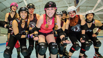 The ladies of the Jersey Derby Brigade. NJM’s Maryrose Mullen, center with from left, Detective Sure Block Holmes, Kate Tastrophe, Apocelyse, Doom Hilda, Lil Mo Peep, Californikate, LL Kill J, Smiley Cyrus, and Beast Witherspoon.