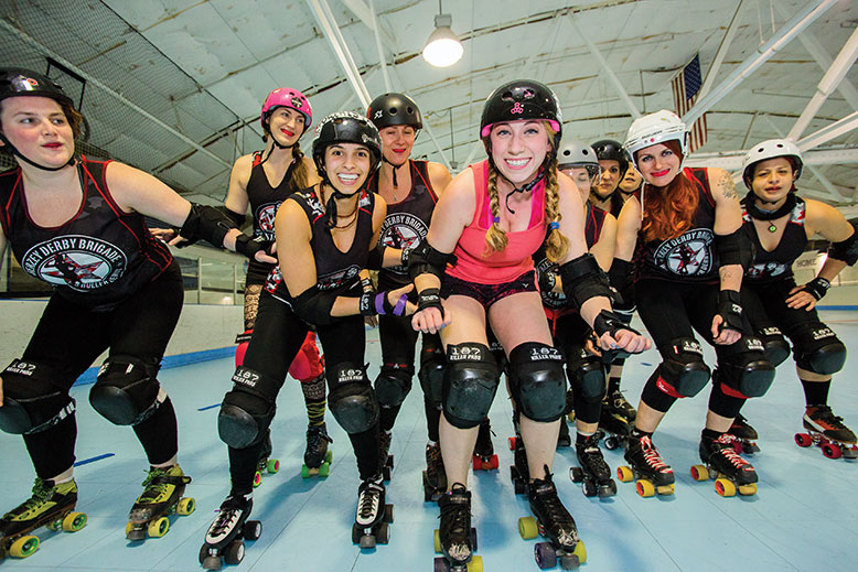 The ladies of the Jersey Derby Brigade. NJM’s Maryrose Mullen, center with from left, Detective Sure Block Holmes, Kate Tastrophe, Apocelyse, Doom Hilda, Lil Mo Peep, Californikate, LL Kill J, Smiley Cyrus, and Beast Witherspoon.