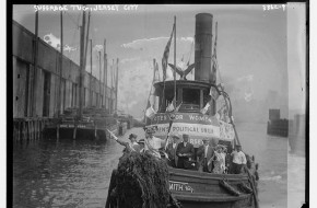 A suffragette tugboat in Jersey City.