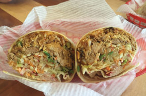 The soy-ginger chicken burrito with ponzu-sesame slaw and kimchi fried rice.