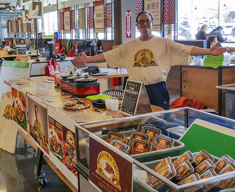 Mitch Wolinsky selling his Manolo's Best vegan chilis in the Hatchery space at the Whole Foods store in Cherry Hills. Photo: Courtesy Manolo's Best