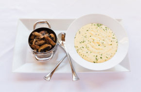 Creamy polenta with tureen of truffled mushroom fricassee.