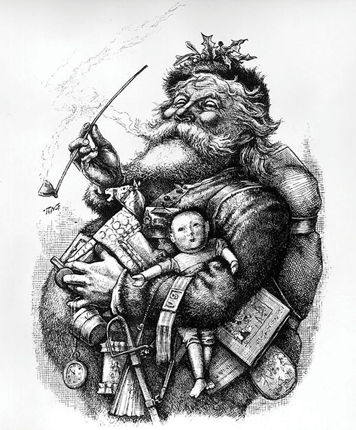 Thomas Nast's 1880s version of the rotund, bearded and benevolent Santa Clause.