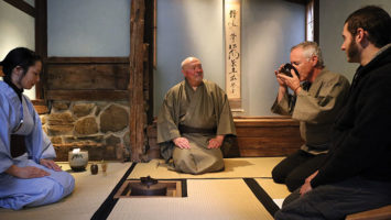 Drew Hanson, center, leads a Japanese tea ceremony–or chado–at Boukakuan in Columbus. Joining the ceremony, from left, are students Shoko Kato, who prepared the tea; Dave Ryan from Ocean View, Delaware; and Paul Resnick from Elkins Park, Pennsylvannia.