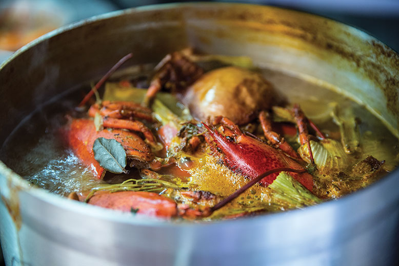 Lobsters simmering in a stockpot at Two Fish in Haddonfield.