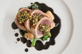 Tuna with Chinese broccoli, gigante beans and hazelnut aillade in black garlic sauce at Two Fish in Haddonfield.