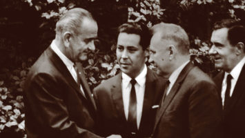 President Lyndon B. Johnson, left, and Soviet premier Alexei Kosygin exchange greetings at the opening of the Glassboro Summit. At center is Soviet foreign minister Andrei A. Gromyko.