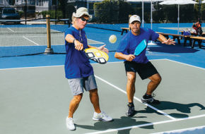 Pickleball regulars Kim Jackson, left, and Lew Storb put on a display of teamwork at the Stone Harbor town courts introduced last summer.