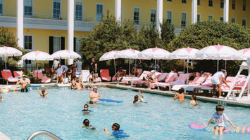 Guests enjoy the pool at COngress Hall, the grandest of Cape May's beachfront hotels.