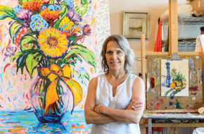 Artist Kelly Sullivan's FingerSmears lets people create together by fingerpainting over an outline she draws, as in "A Spring Bouquet," pictured.