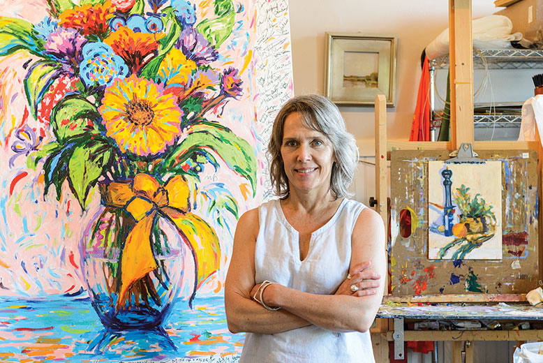 Artist Kelly Sullivan's FingerSmears lets people create together by fingerpainting over an outline she draws, as in "A Spring Bouquet," pictured.