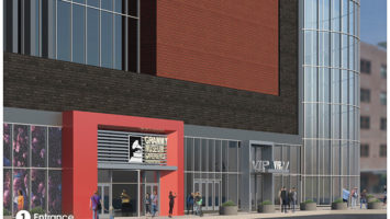 Artist rendering of the entrance to the new Grammy Museum at the Prudential Center in Newark. The museum will emphasize education and interactive experiences.