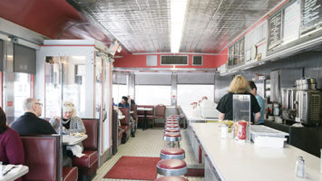 Part of the scene at Rowan University in Glassboro, Angelo’s was built by the Kullman Dining Car Company in the early 1950s. The intimate eatery, with its distinctive exterior awnings and oval neon sign, earns raves for its breakfasts and homestyle dinners.