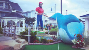 The iconic, 21-foot-tall, 495-pound, fiberglass mariner at Barnacle Bill’s in Ortley Beach was stored indoors in anticipation of Hurricane Sandy but is now back on his feet, putter in hand, greeting customers.