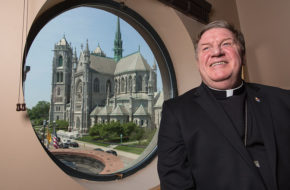 A window in Cardinal Joseph Tobin's Newark office offers a view across the street at the Cathedral Basilica of the Sacred Heart.