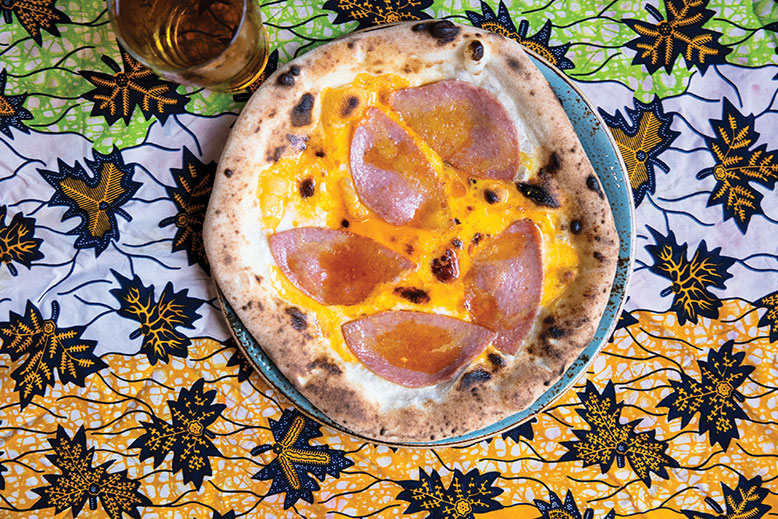 The Nine Seven-3 pizza, a Jersey salute featuring Taylor ham, egg yolk and cheddar.