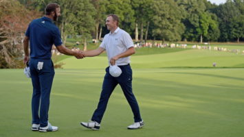 Jordan Spieth, right, congratulates Dustin Johnson after Johnson topped Spieth in a one-hole playoff to win last year’s Northern Trust.