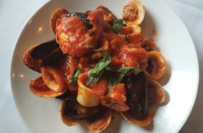 Seafood fra diavolo with squid-ink pasta