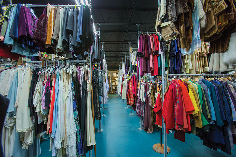 A glimpse of the women’s clothing-storage area. All items are organized by size, color, production and period. Other theatrical companies can rent the costumes from the Shakespeare Theatre of New Jersey.