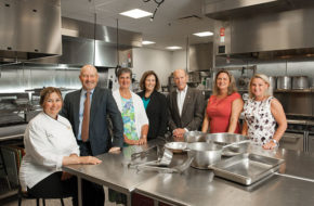 Executives from Provident Bank find out what’s cooking at Fulfill, a culinary-training program in Neptune. From left: Lisa Palmieri, Fulfill; Chris Martin and Virginia Tesch, Provident Bank; Jane Kurek, the Provident Bank Foundation; David Wintrode, board trustee, Fulfill; Stacey Kavanagh, Provident Bank; and Laura Chiappetta, Fulfill.