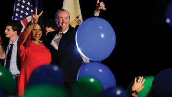 Shelia Oliver, left, celebrates with then governor-elect Phil Murphy at an election night rally last November in Asbury Park.