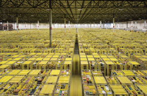 A sea of merchandise stored in thousands of yellow pods fills Amazon’s 1.1 million-square-foot fulfillment center in Carteret.