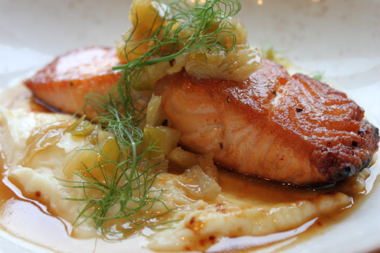 Maple and chili glazed salmon, parsnip puree, apple and fennel relish at The Office