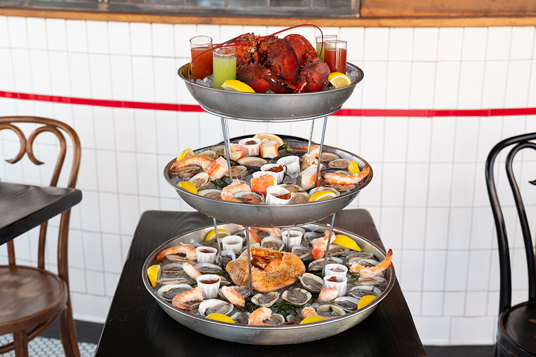A three-tiered display of lobster, shrimp and oysters chilling on ice at the Bonney Read in Asbury Park.