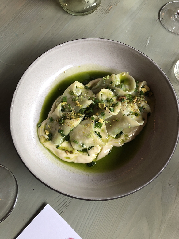 Spring pea and garlic dumplings at Frankie in Jersey City.