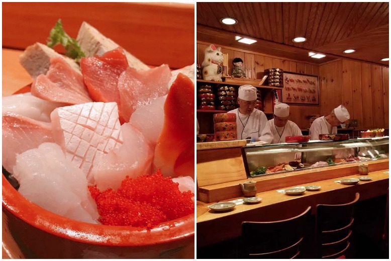 A closeup of sushi next to chefs working behind the sushi bar at Sagami in Collingswood.