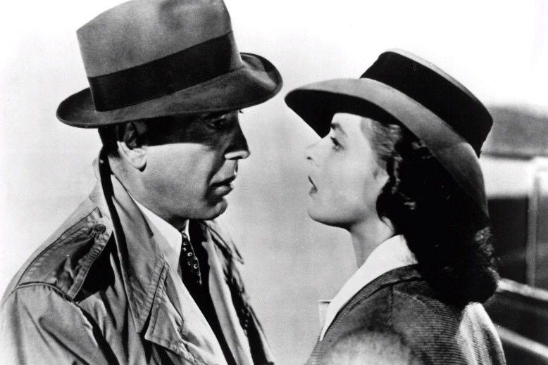 A black-and-white still shot of Rick and Ilsa from the classic film "Casablanca."