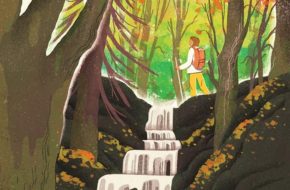 Illustration of a woman hiking a tree-lined waterfall.