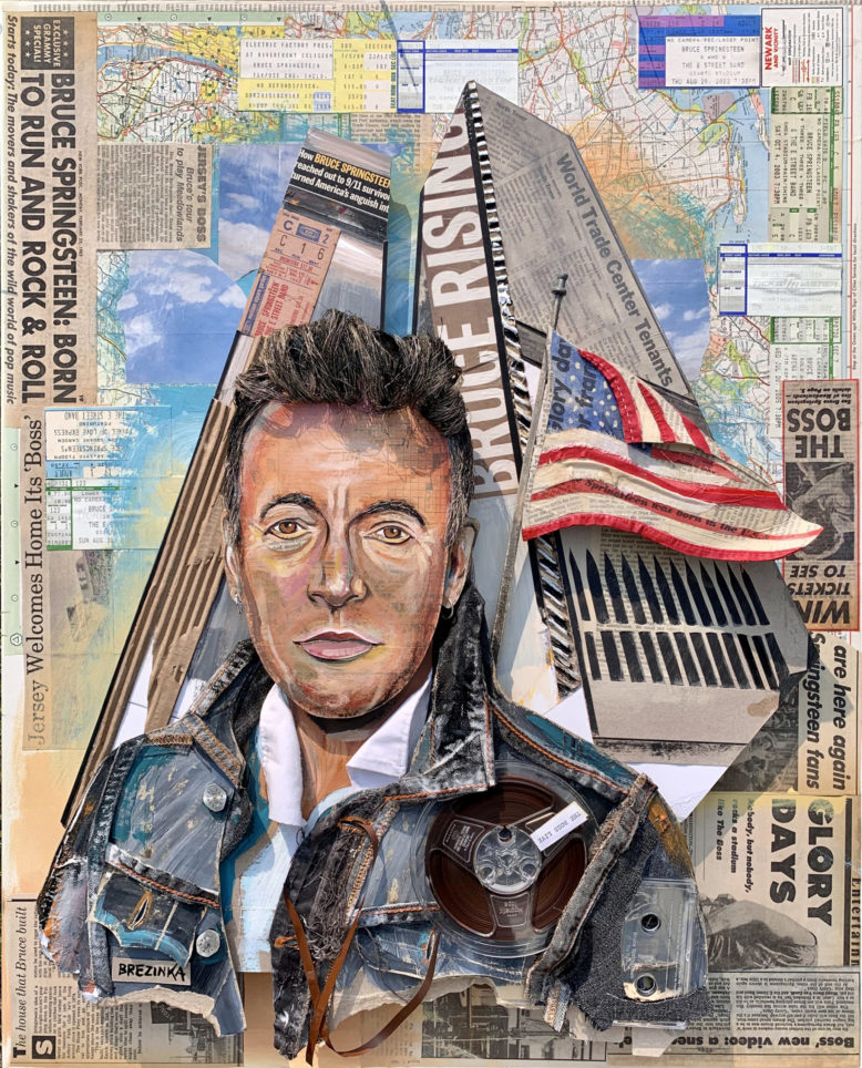 Photo of a painting-sculpture hybrid portrait of Bruce Springsteen
