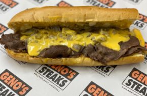 A cheesesteak from Geno's Steaks