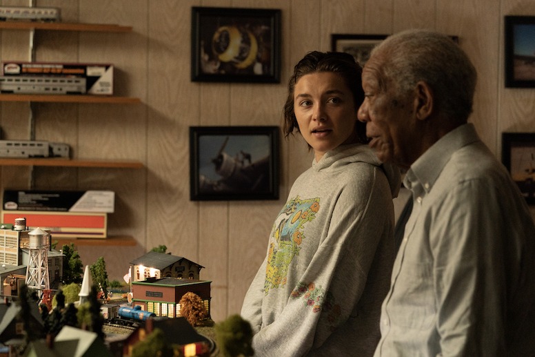 Florence Pugh (left) as Allison and Morgan Freeman (right) as Daniel in A GOOD PERSON, 