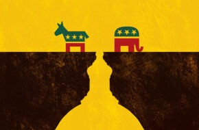 Political illustration depicting Democrat and Republican symbols