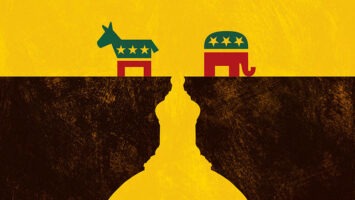 Political illustration depicting Democrat and Republican symbols