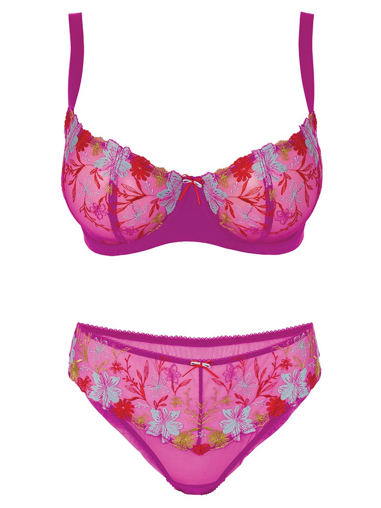 Pink lingerie set with colorful embroidery