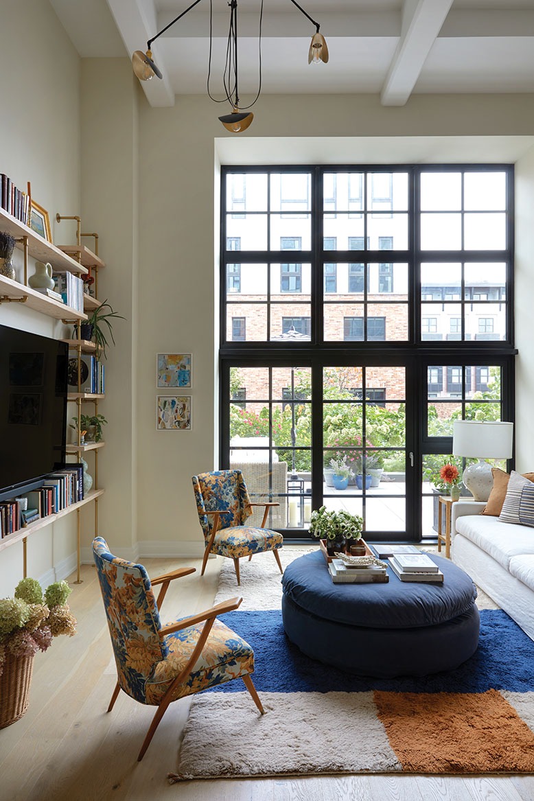 The spacious living room in an apartment in Hoboken's Wonder Lofts