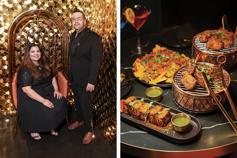 Chef Ruby Bhalla and husband Sunil Ratwani at Thumkaa in Jamesburg, New Jersey, alongside a photo of various Indian dishes