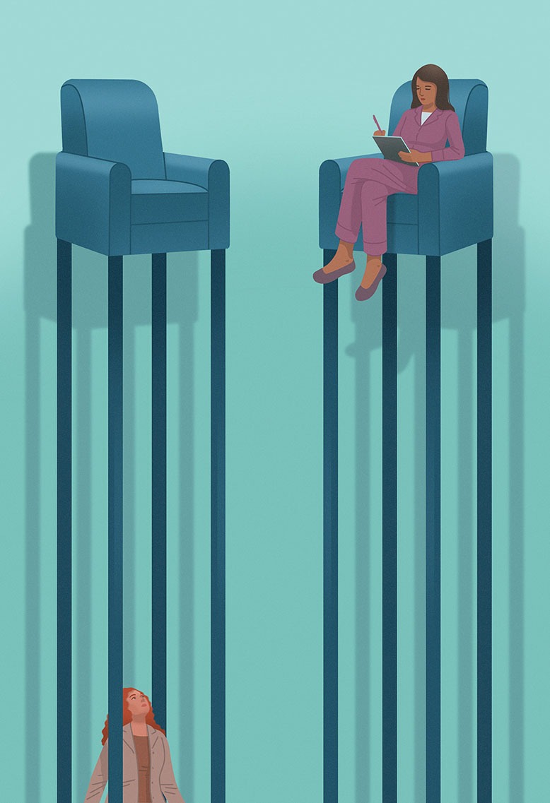 Illustration showing patient looking up at out-of-reach therapist, who is sitting on a chair high above her