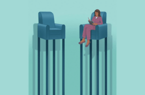 Illustration showing patient looking up at out-of-reach therapist, who is sitting on a chair high above her