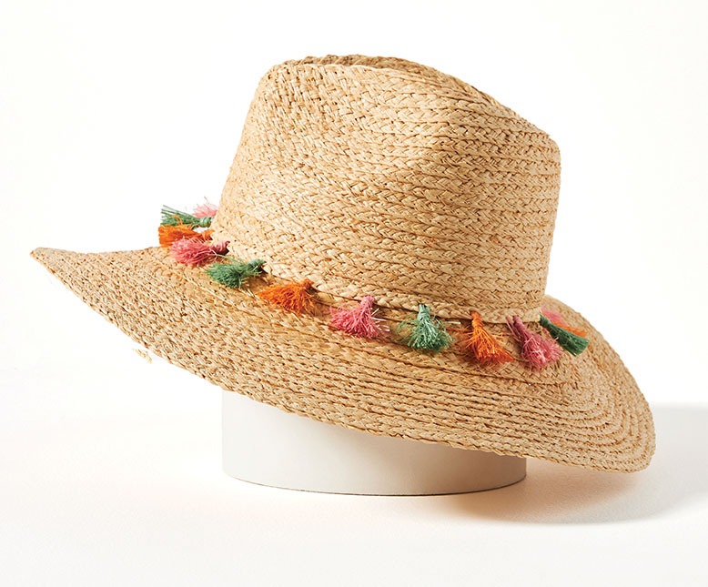 Fedora hat with pink, green and orange tassels