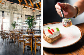 Photo of the interior of Battello in Jersey City, NJ, next to a photo of the restaurant's strawberry tart