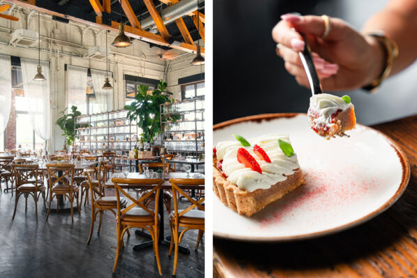 Photo of the interior of Battello in Jersey City, NJ, next to a photo of the restaurant's strawberry tart